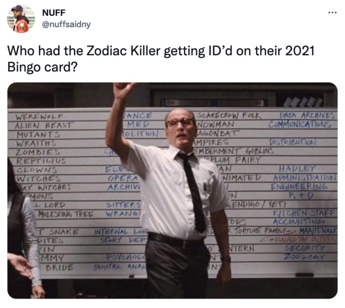 Zodiac Killer Tweets - Bingo card