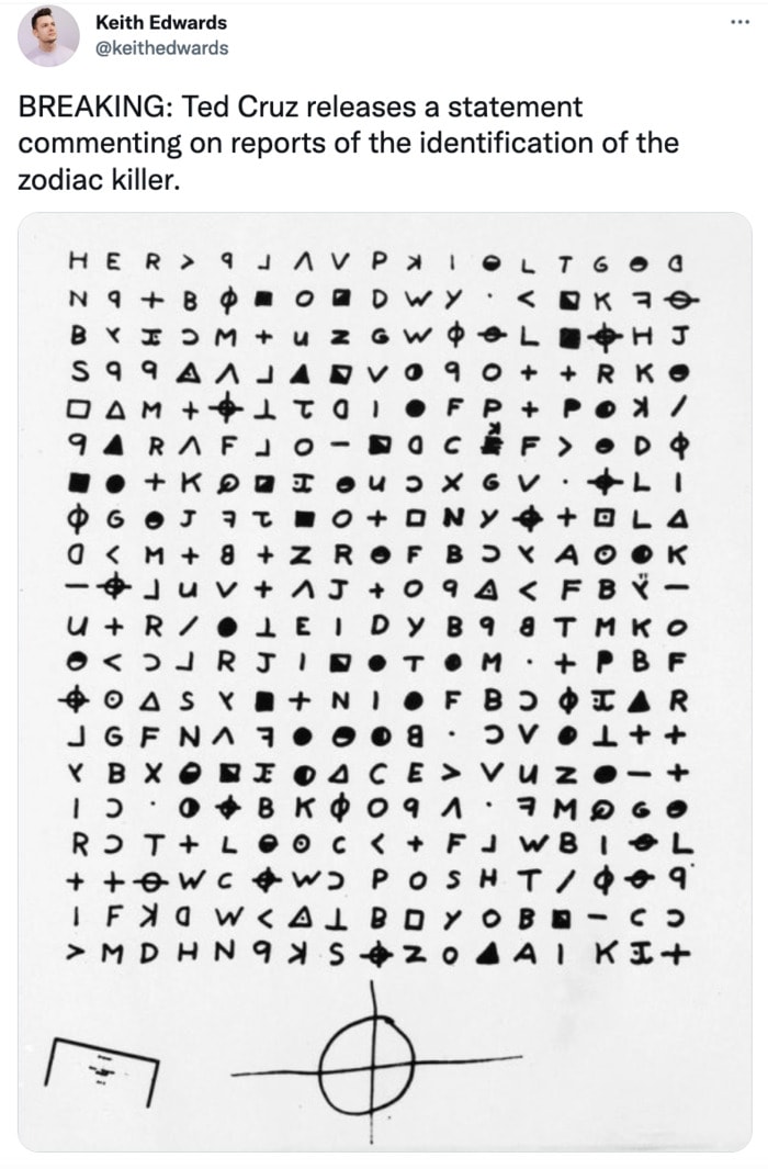 Zodiac Killer Tweets - Ted Cruz statement