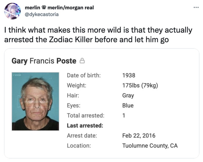 Zodiac Killer Tweets - arrested before