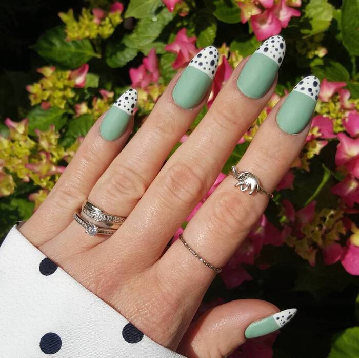 Gel Nail Designs - Matte Green and Polka Dots