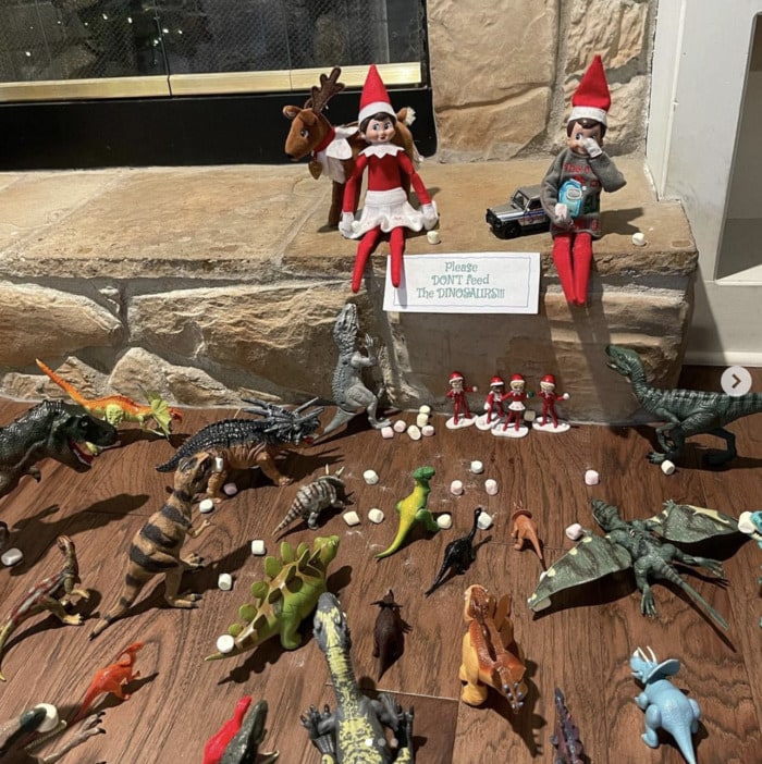 Naughty Elf on the Shelf - dinosaur feeding