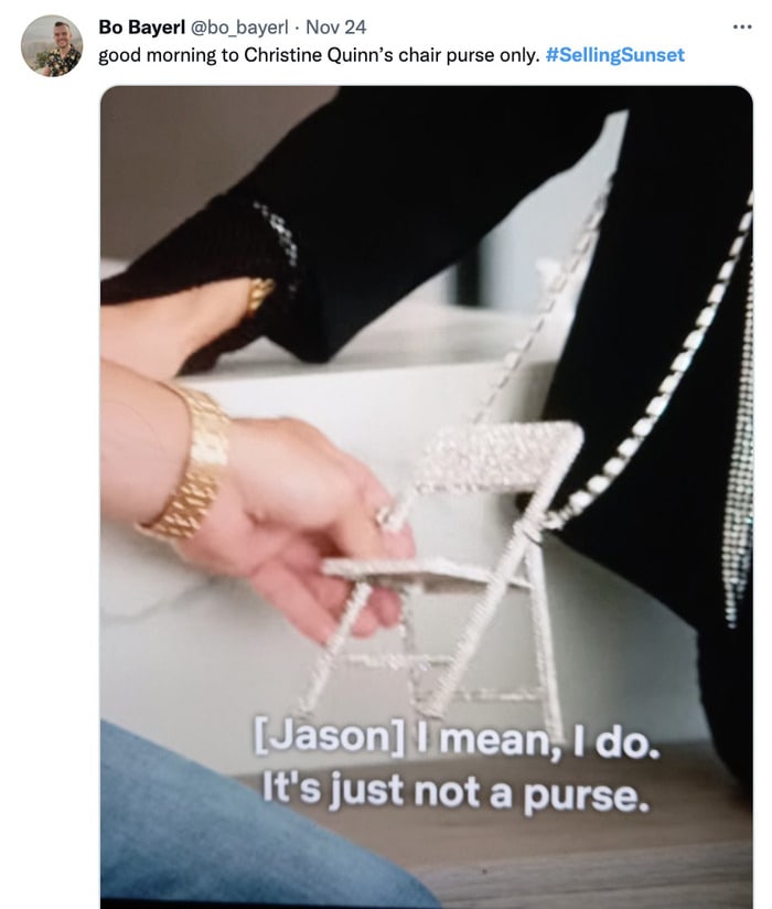 Selling Sunset Season 4 Tweets Memes - christine's chair purse