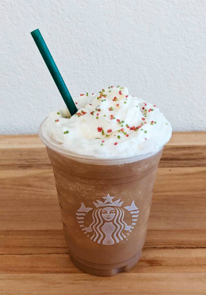 Starbucks Sugar Cookie Frappuccino - overhead with straw