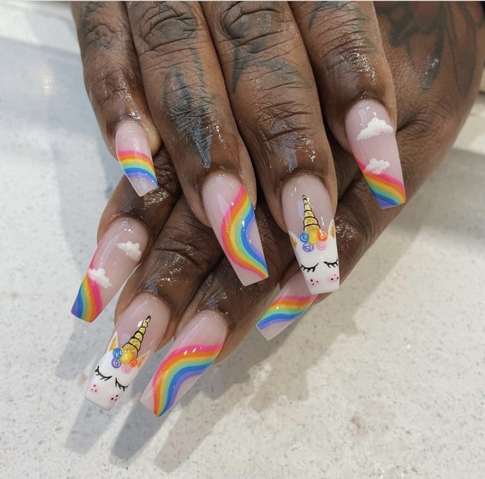 Coffin Nail Designs - Rainbow Unicorn Nails