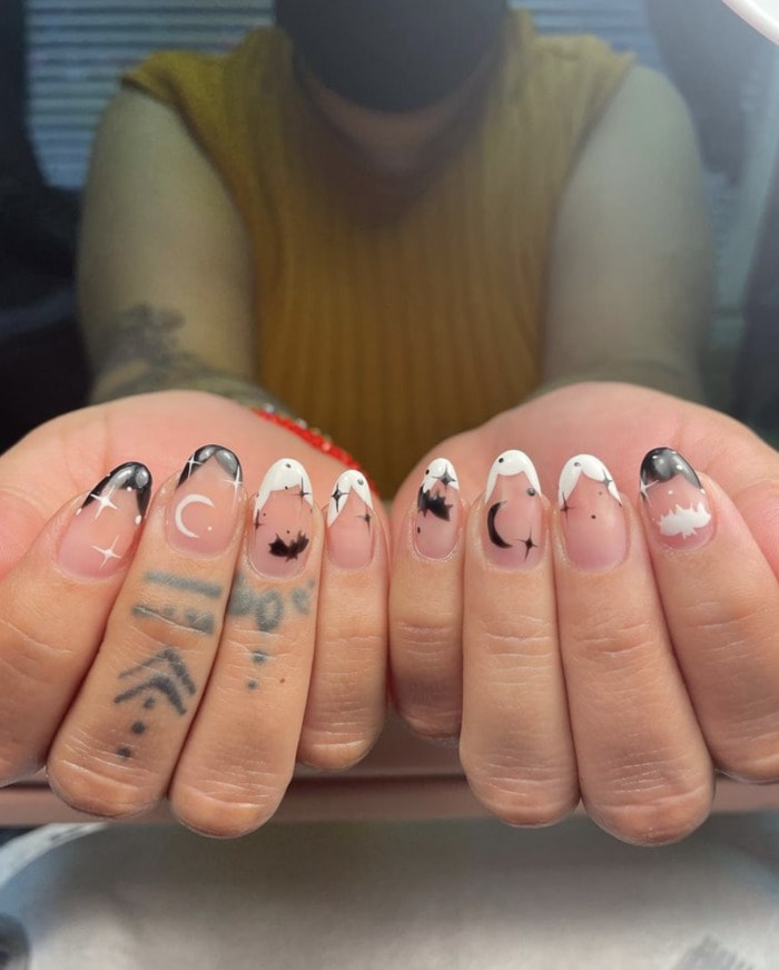 French Tip Nails - white and black moon and stars