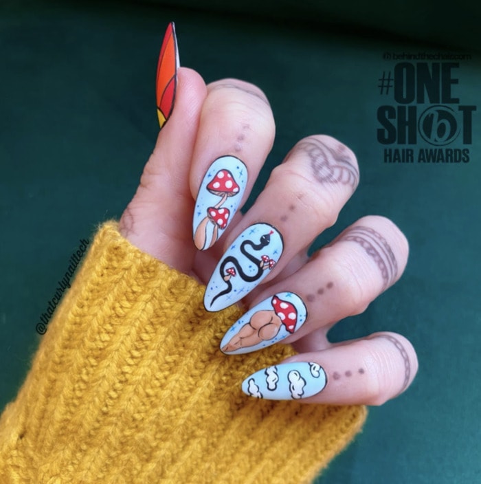 Mushroom Nails - blue mismatched designs
