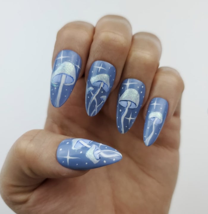 Mushroom Nails - blue monochromatic shrooms