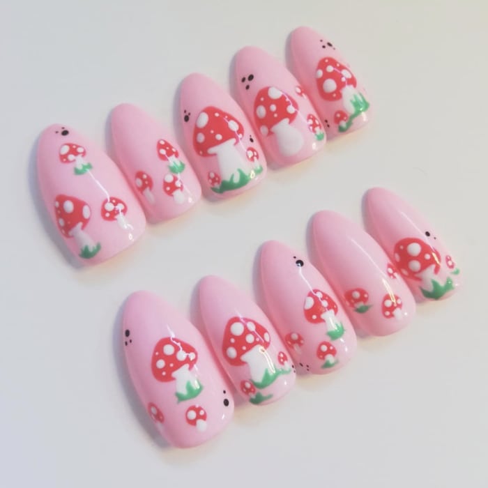 Mushroom Nails - pink with red mushrooms press on set
