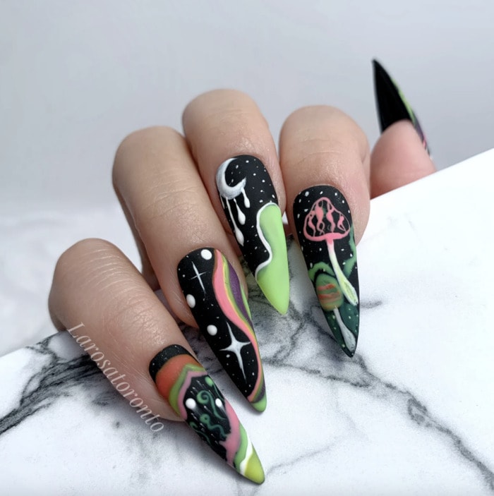 Mushroom Nails - neon on black