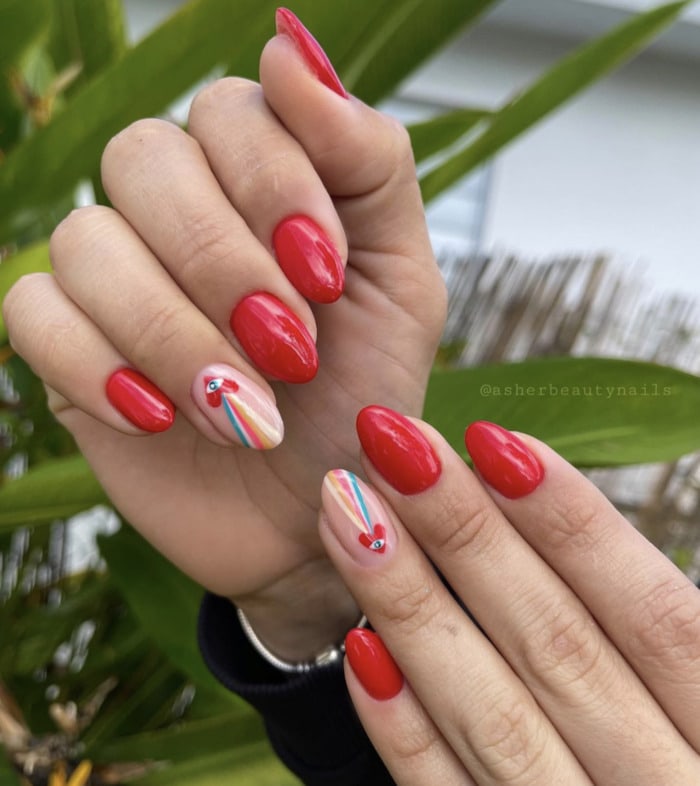Red Nails - Heart Rainbow Accent Nails