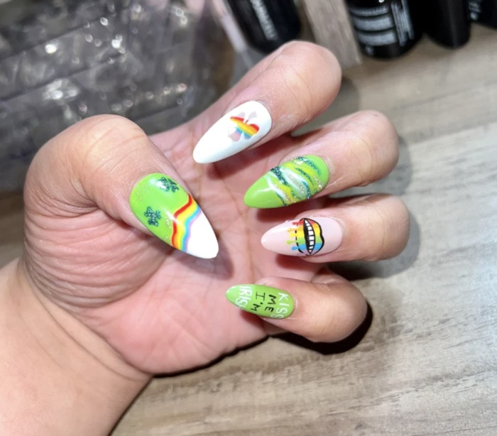 St Patricks Day Nails - Green and Rainbow Mismatched