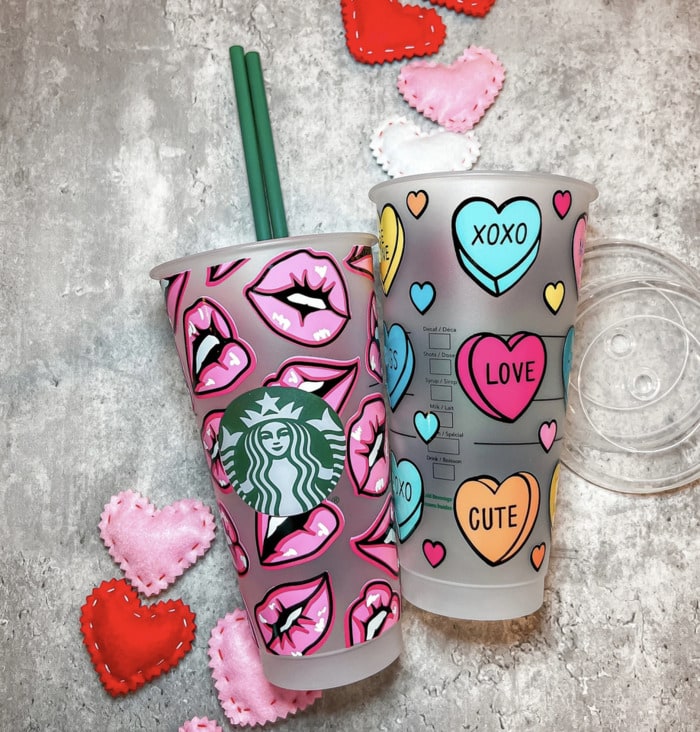 Starbucks Valentine's Cups Etsy - Pink Lips Conversation Hearts Cold Cup