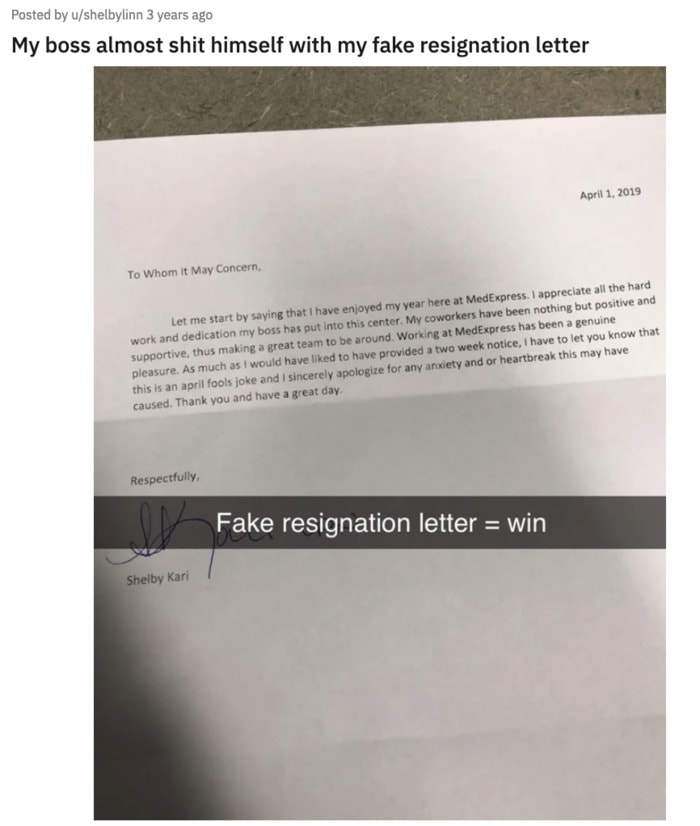 April Fool's Jokes - fake resignation letter