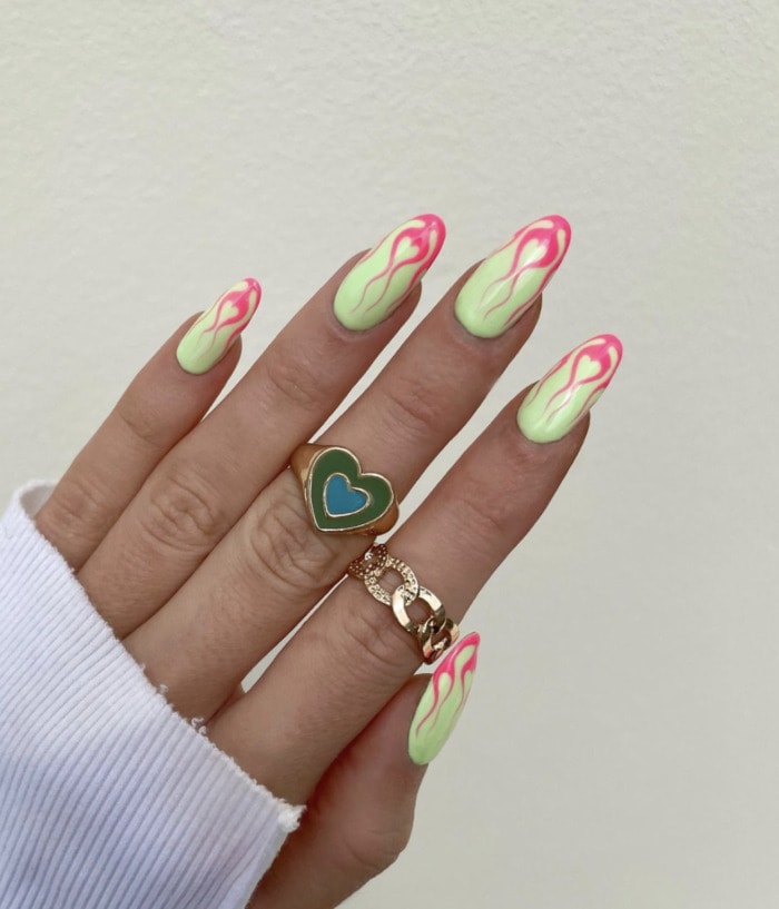 Green Nails - Green with pink flame tips