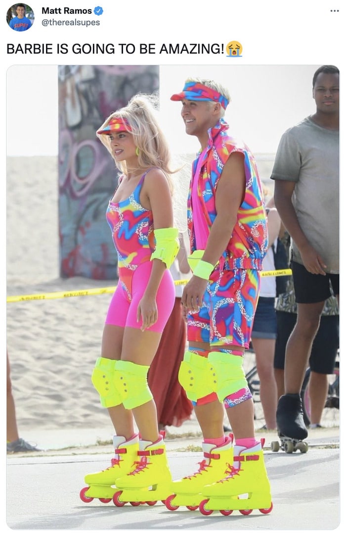 Barbie Set Photos Reactions - margot robbie ryan gosling roller blading