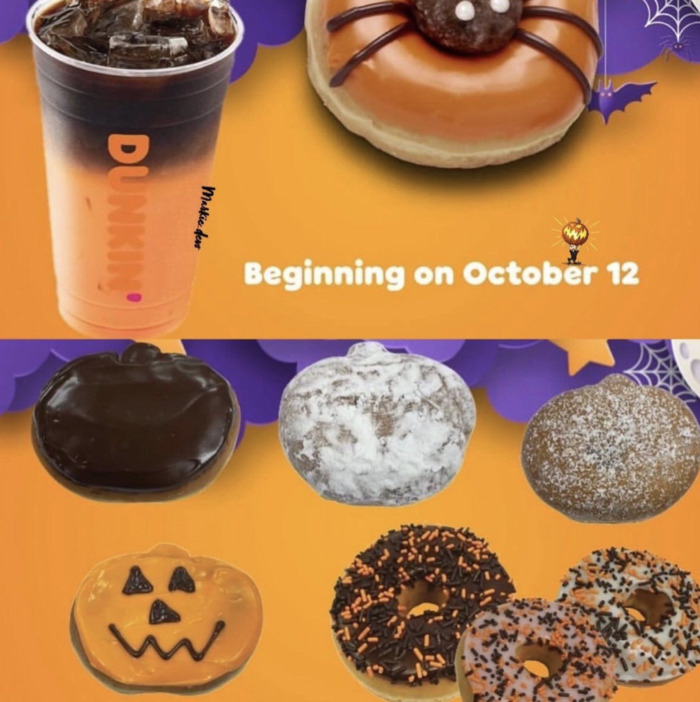 Dunkin Fall Menu 2022 - Peanut Butter Cup Macchiato aDunkin Fall Menu 2022 - Peanut Butter Cup Macchiato and Halloween Spider Donutnd Spider Donut