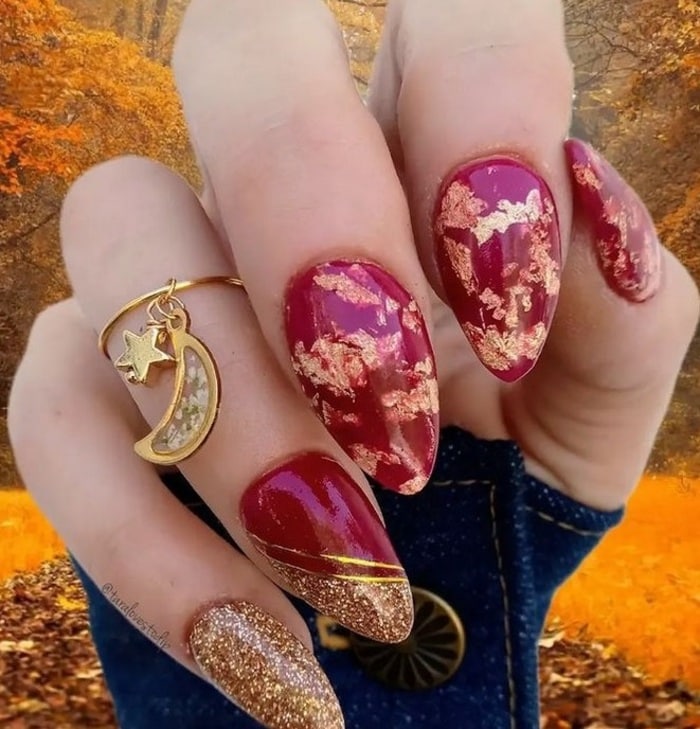 Autumn Fall Nails - Red and Gold Nails