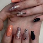 Autumn Fall Nails - Orange, Black, and Gold Acrylics