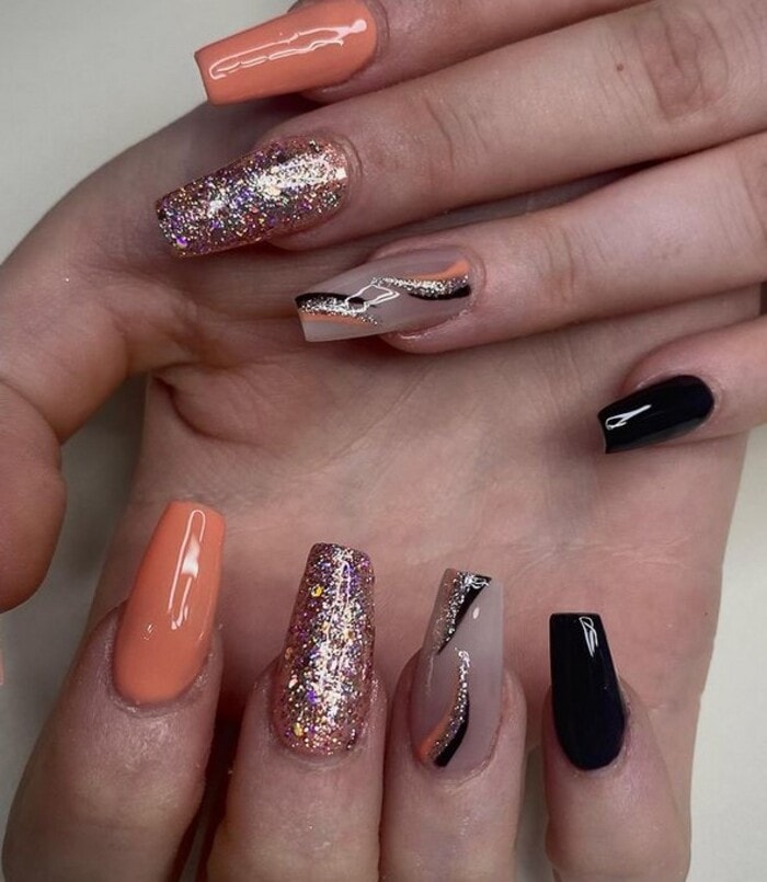Autumn Fall Nails - Orange, Black, and Gold Acrylics