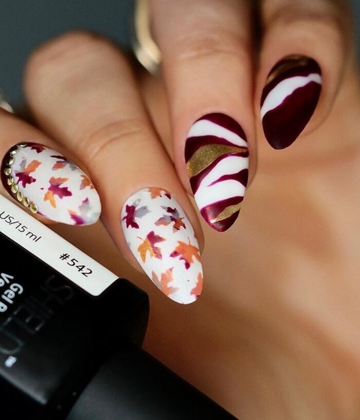 Autumn Fall Nails - Tiger Stripes and Leaves