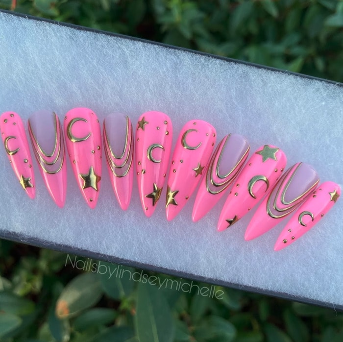Barbiecore Nails - hot pink moon and stars