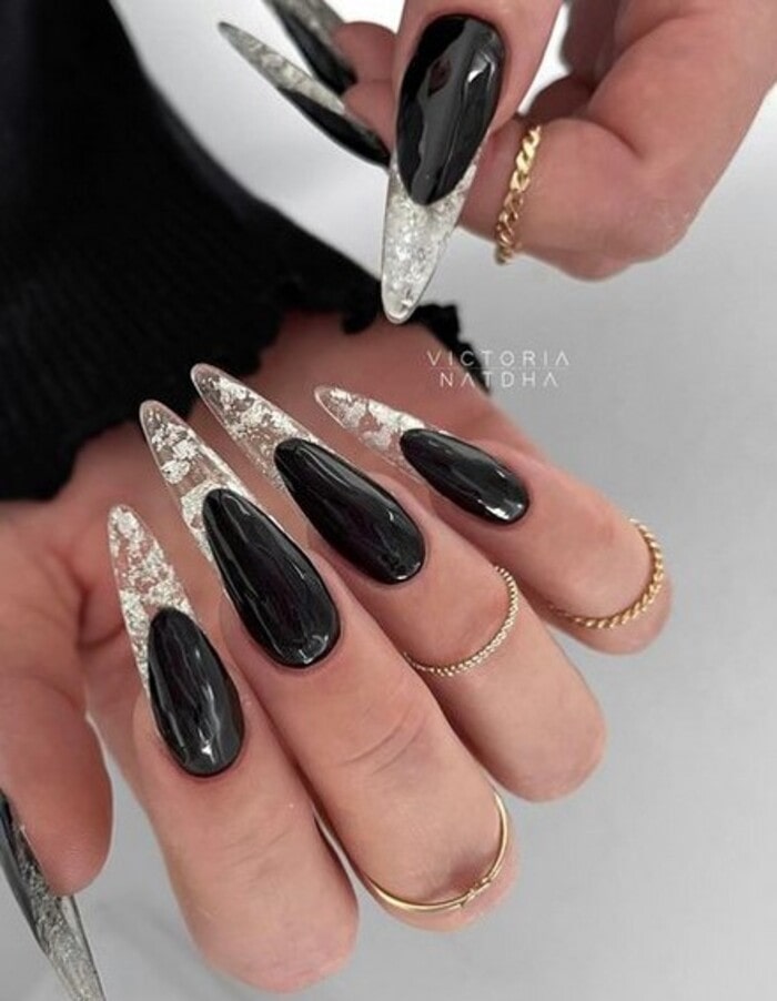 Black Nails - Black Nails With Silver Foil Tips