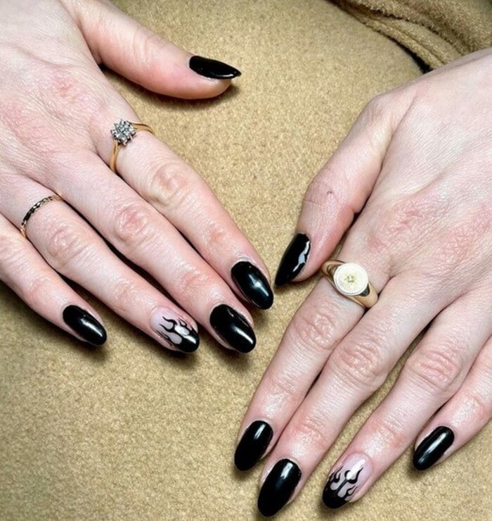 Black Nails - Black Fire Accent Nail Design