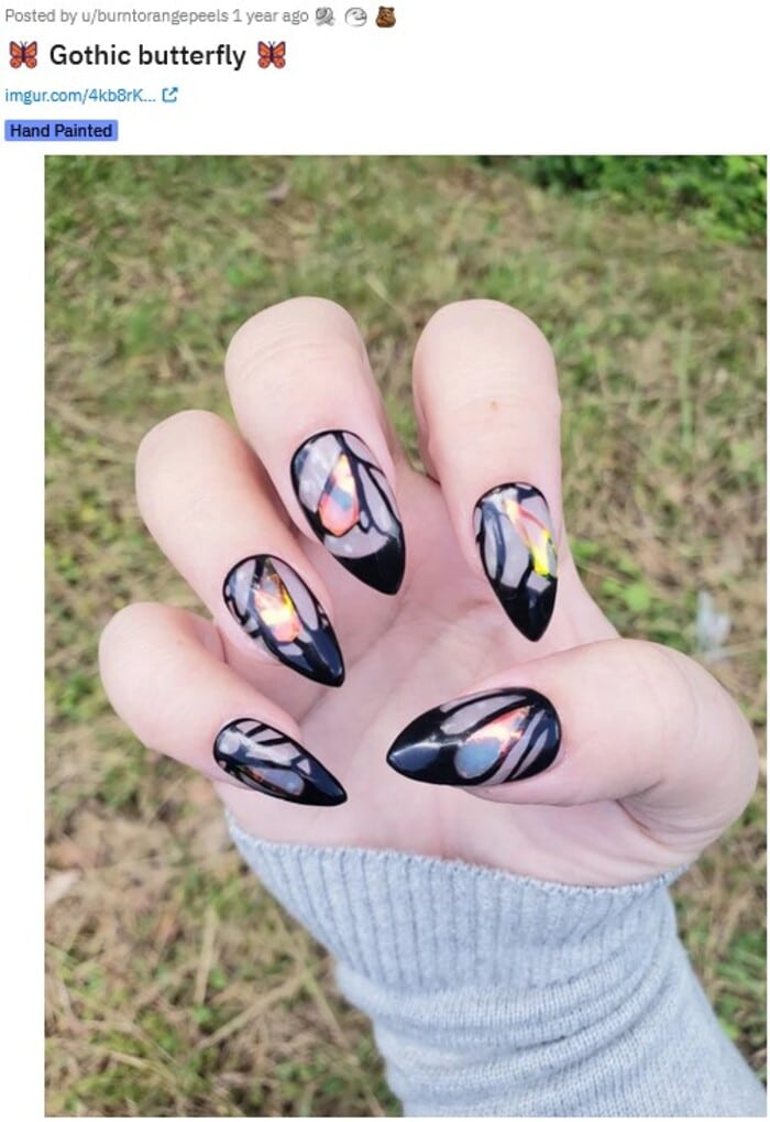 Black Nails - Gothic Iridescent Butterfly Nails