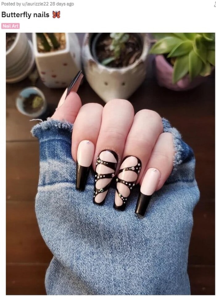 Black Nails - Black Butterfly Nail Design