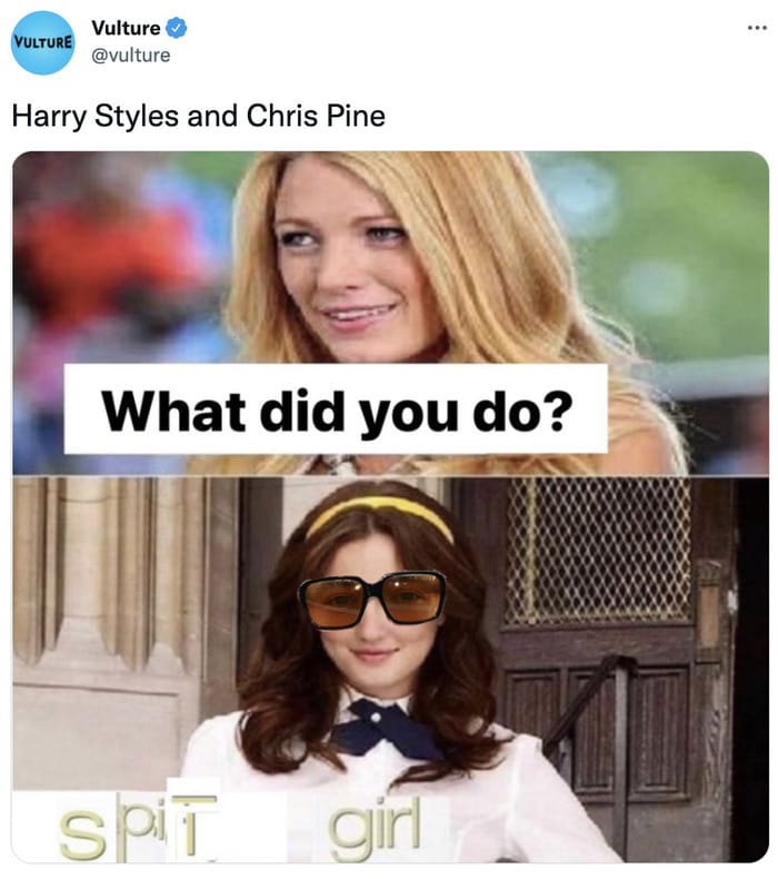 Chris Pine Don't Worry Darling Premiere Memes Tweets - spit gossip girl