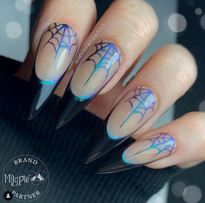 Halloween Nails - Chrome Spider Web Nails With Black Tips