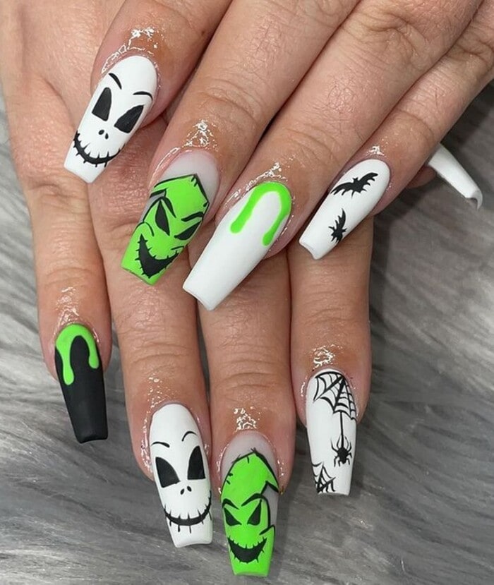 Halloween Nails - Black, White, and Green Nightmare Before Christmas Nail Art
