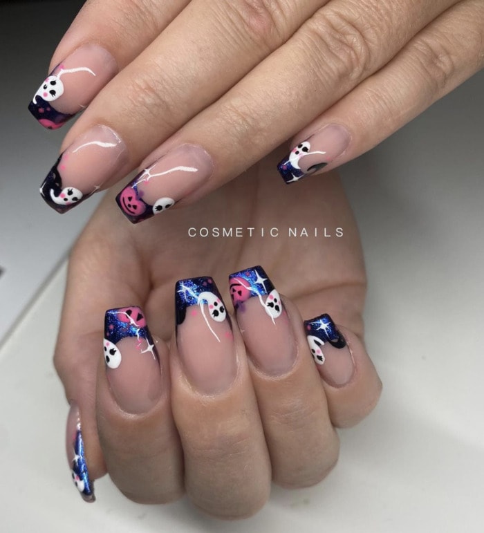 Cute Halloween Nails - galaxy ghost french tips