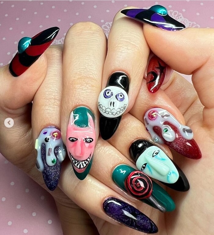 Nightmare Before Christmas Nail Designs - Lock, Shock, and Barrel 3D Nail Art
