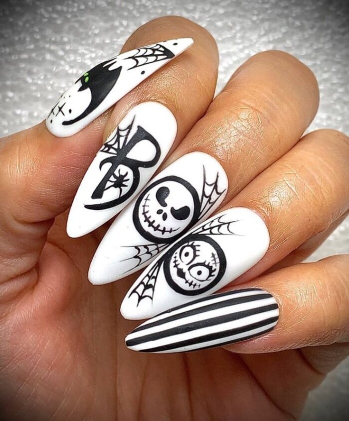 Nightmare Before Christmas Nail Designs - Black & White Nightmare Before Christmas Nails