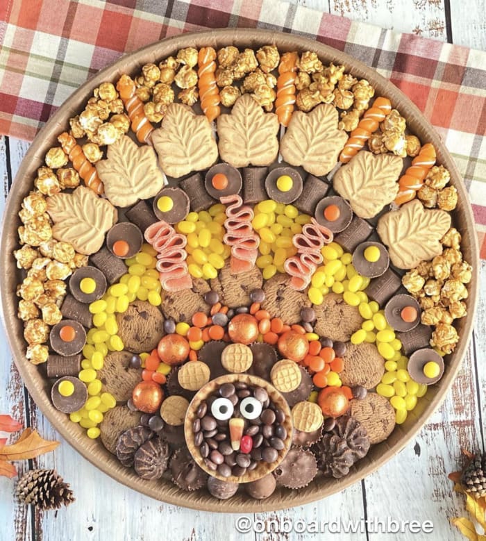 Thanksgiving Dessert Boards - Turkey Made with Popcorn and Chocolate