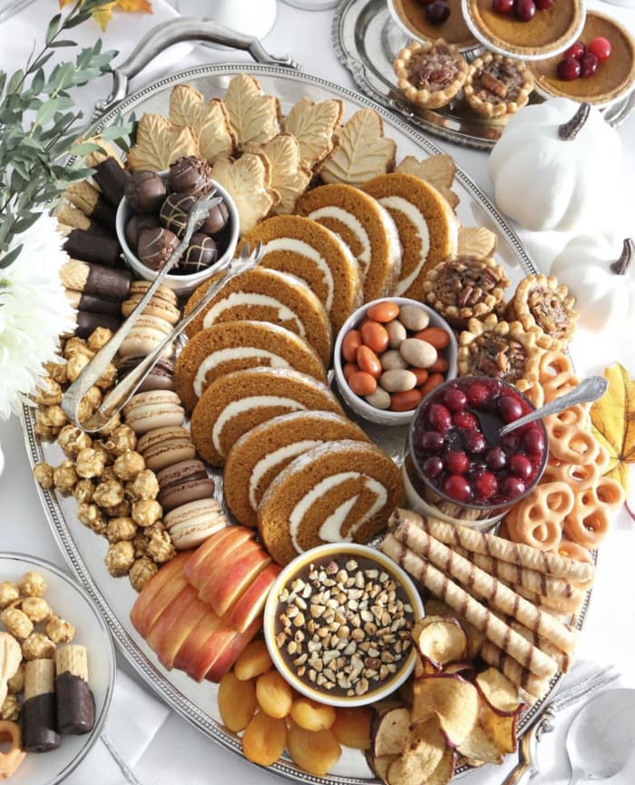 Thanksgiving Dessert Boards - Pumpkin Swiss Roll Cake