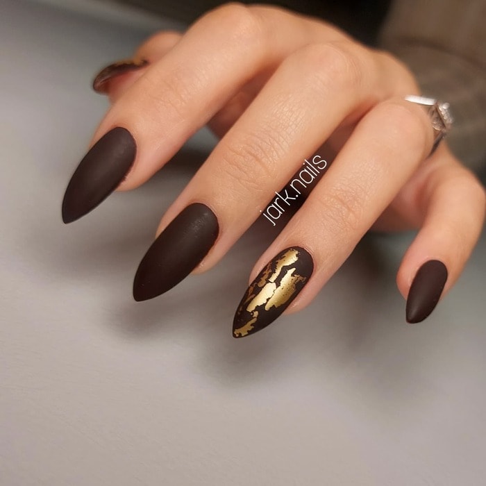 Dark Winter Nails - Matte Brown Almond-Shaped Nails With a Gold Accent Nail