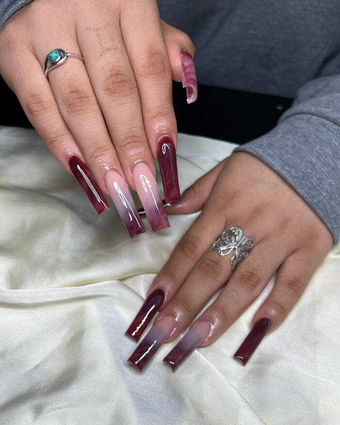 Dark Winter Nails - Burgundy Coffin Nails