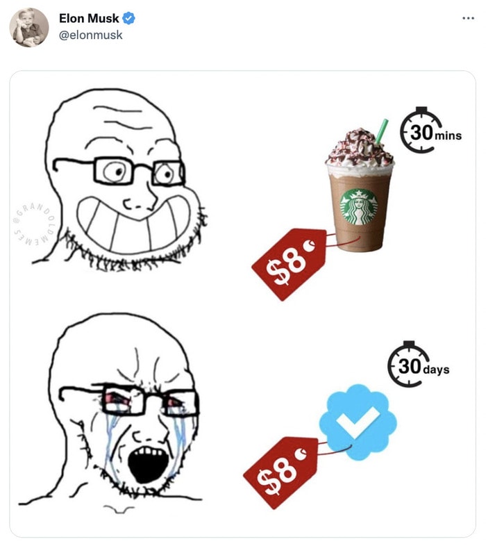 Elon Musk Tweets - starbucks vs blue check mark