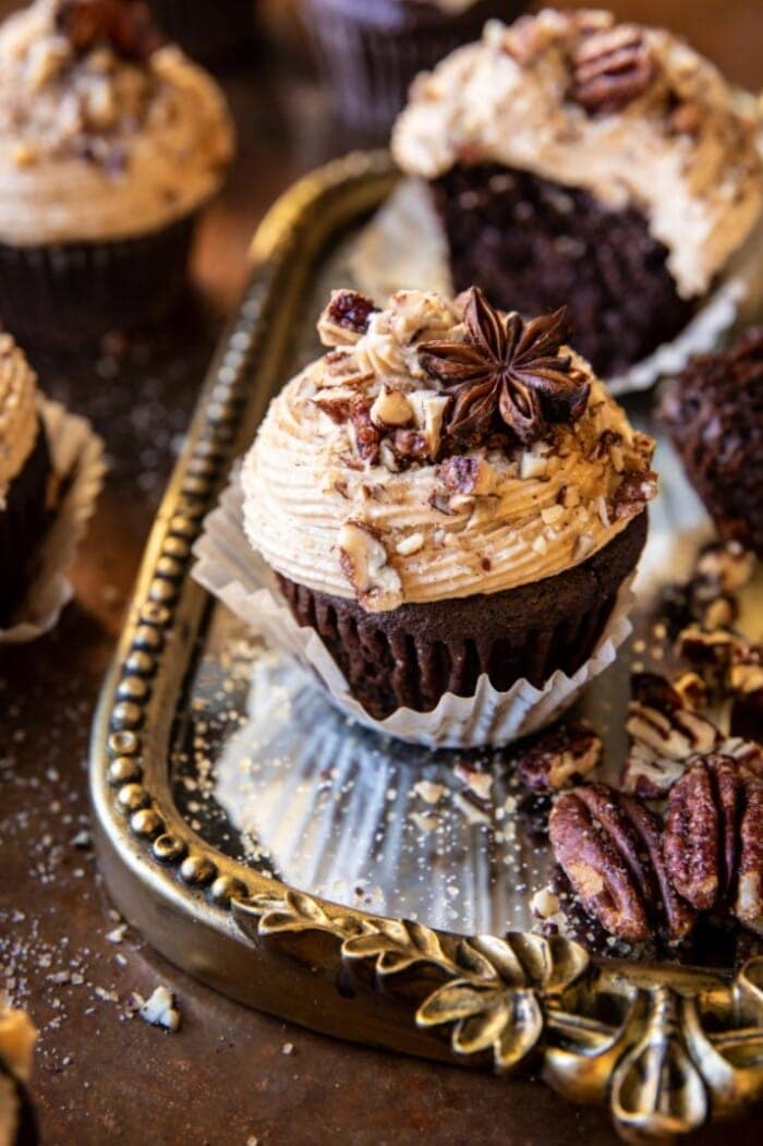Thanksgiving Dessert Ideas - Chocolate Bourbon Chai Latte Cupcakes With Butter Pecan Frosting
