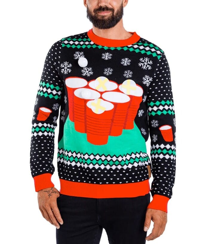 Ugly Christmas Sweaters 2022 - Tipsy Elves Beer Pong Ugly Christmas Sweater
