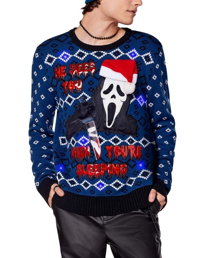 Ugly Christmas Sweaters 2022 - Light-Up He Sees You Ghost Face Ugly Christmas Sweater