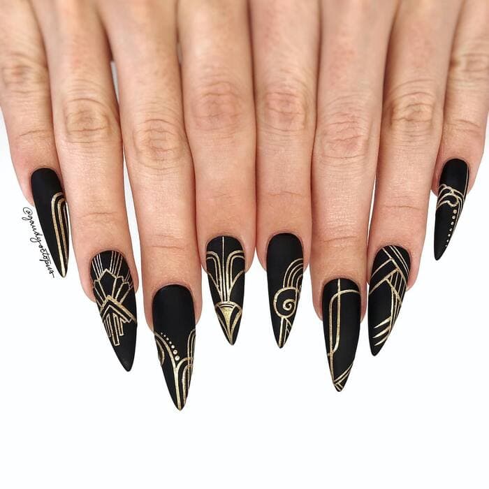 Art Deco Nails - Black Art Deco Nails With Gold Lines