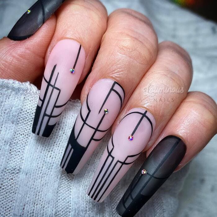 Art Deco Nails - Black and Nude Art Deco Nail Art With Rhinestone Accents