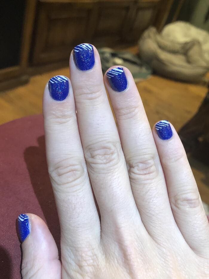Hanukkah Nail Designs - Glittery Blue Nails With Blue And White Striped Tips
