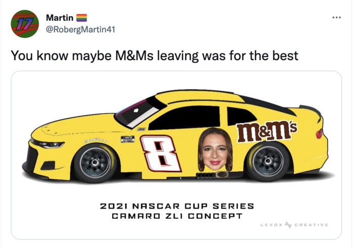 M&M Memes and Tweets - race car with Maya Rudolph's face