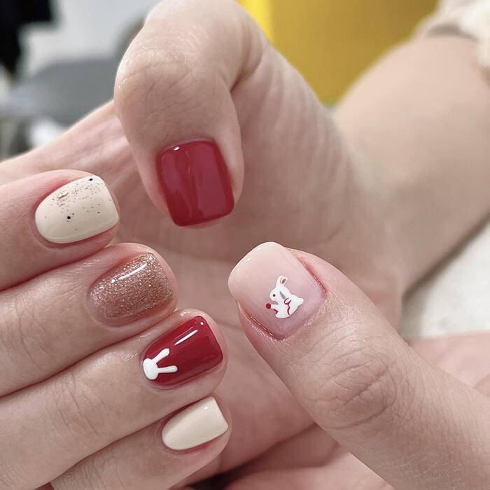 Chinese New Year Nails - Red, Gold, And Rabbit Accents