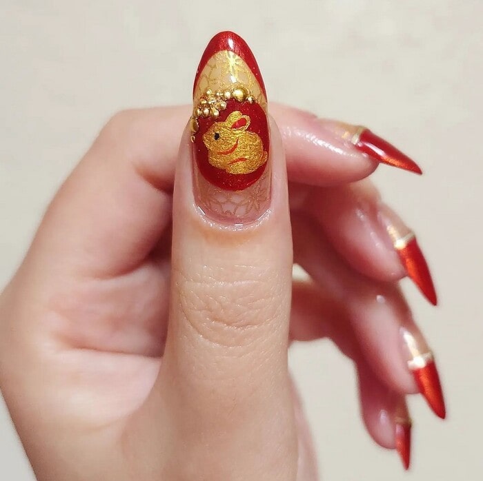 Chinese New Year Nails - Red And Gold Rabbit Nail Design