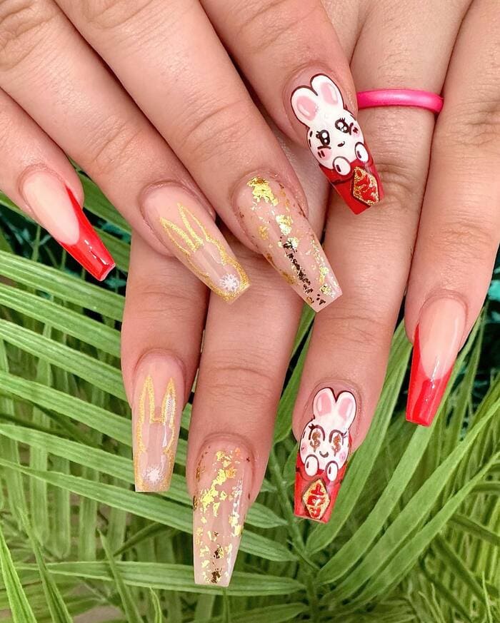 Chinese New Year Nails - Cartoon Rabbit Accent Nails